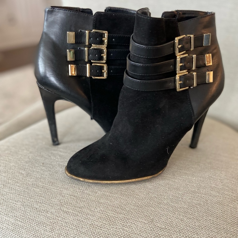 Black booties with gold buckles-size 8.5-good condition